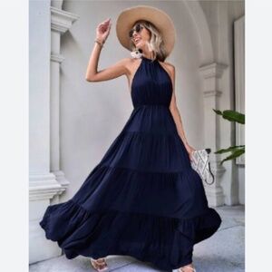 Navy Blue Dark Cottagecore Self Tie Halter Neck Tiered Maxi Dress Size M